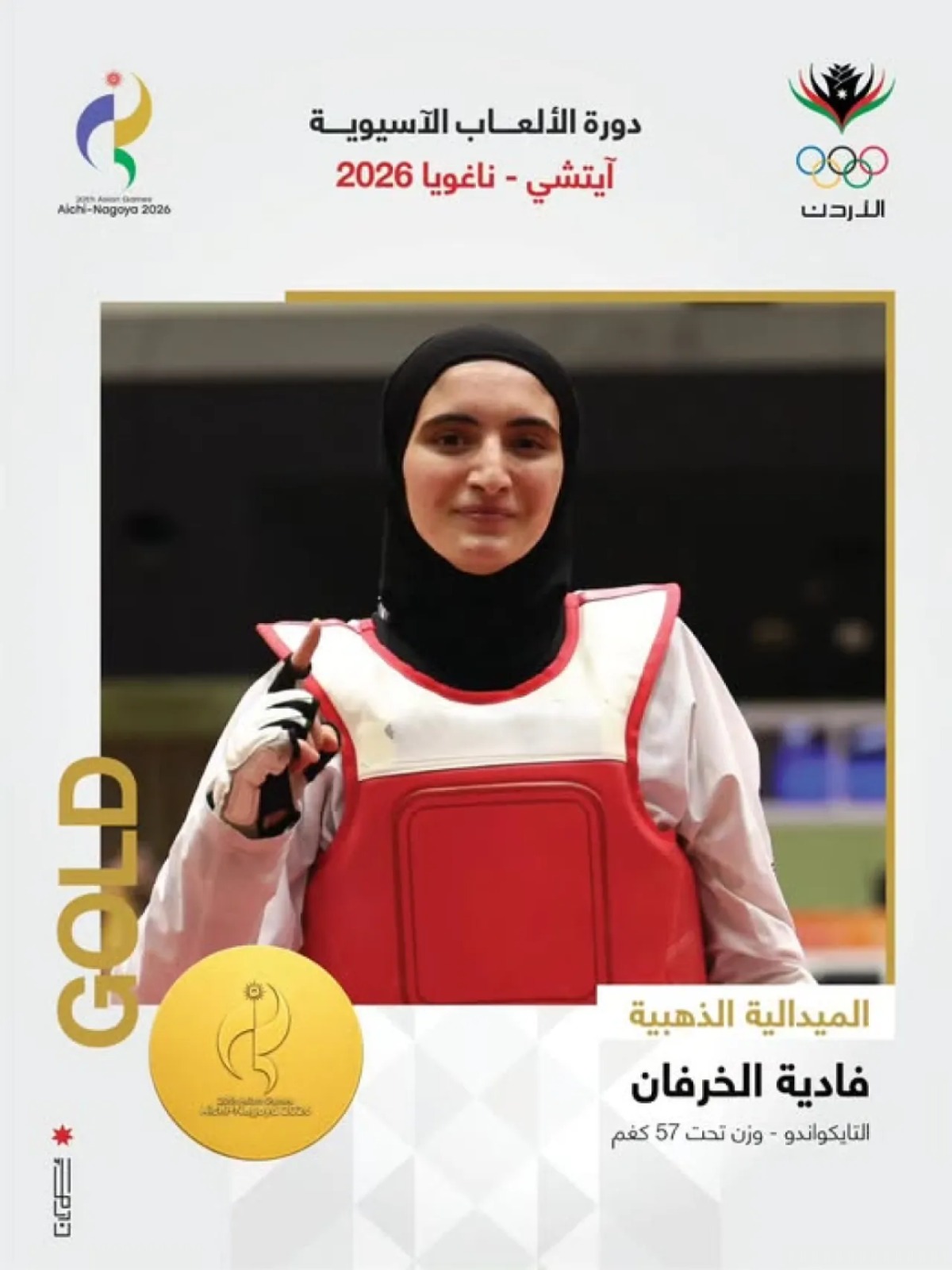 فادية الخرفان تهدي الأردن ذهبية التايكواندو في آسيا ناغويا 2026